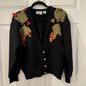 Vintage Cutter Ltd Cardigan Sweater Women's Sz L Black Floral Boho Cottagecore